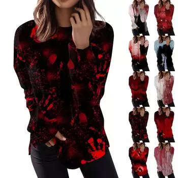 Женская мода пуловер с длинным рукавом толстовка повседневная футболка Хэллоуин с принтом свободный топ M хаки