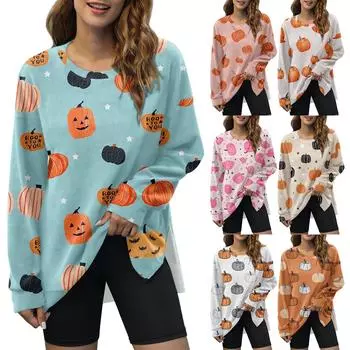 Женская мода, пуловер с круглым вырезом и длинными рукавами, верхняя толстовка с принтом на Хэллоуин S