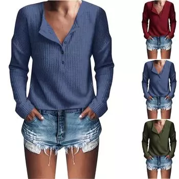 Женская мода пуловер с v-образным вырезом на пуговицах с длинным рукавом сплошной цвет тонкий топ XL