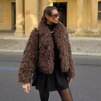 Женская мода пушистый искусственный мех полупальто осень зима элегантный роскошный жакет с лацканами повседневный темперамент длинный рукав верхняя одежда S коричневый