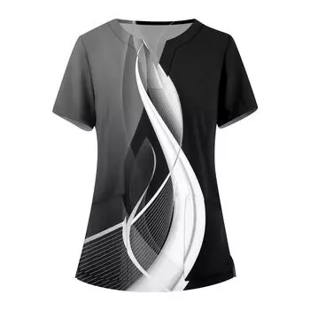 Женская мода, рабочая одежда с v-образным вырезом, короткими рукавами и карманами, топы с принтом, летние топы для женщин L чёрный