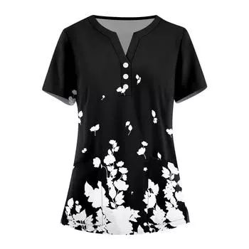 Женская мода, рабочая одежда с v-образным вырезом, короткими рукавами и карманами, топы с принтом, летние топы для женщин L чёрный