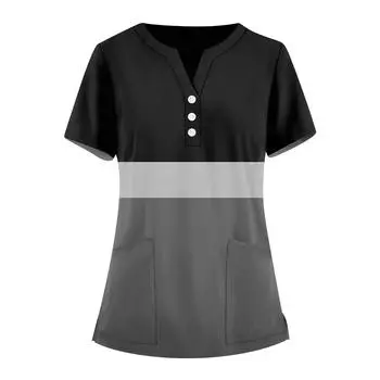 Женская мода, рабочая одежда с v-образным вырезом, короткими рукавами и карманами, топы с принтом, летние топы для женщин L чёрный
