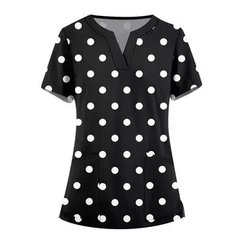 Женская мода, рабочая одежда с v-образным вырезом, короткими рукавами и карманами, топы с принтом, летние топы для женщин L чёрный