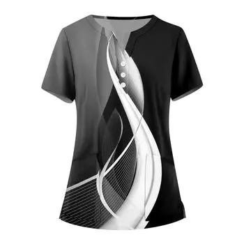 Женская мода, рабочая одежда с v-образным вырезом, короткими рукавами и карманами, топы с принтом, летние топы для женщин L чёрный