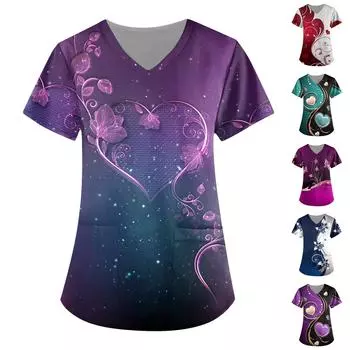 Женская мода, рабочая одежда с v-образным вырезом, короткими рукавами и карманами, топы с принтом, летние топы для женщин L циан