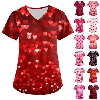 Женская мода, рабочая одежда с v-образным вырезом, короткими рукавами и карманами, топы с принтом ко Дню святого Валентина L чёрный