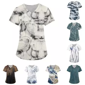 Женская мода, рабочая одежда с v-образным вырезом, короткими рукавами и карманами, топы с принтом, летние топы для женщин L бежевый