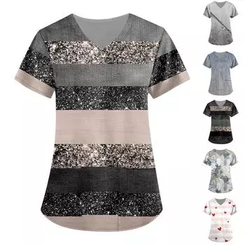Женская мода, рабочая одежда с v-образным вырезом, короткими рукавами и карманами, топы с принтом, летние топы для женщин L темно-серого