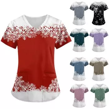 Женская мода, рабочая одежда с v-образным вырезом, короткими рукавами и карманами, топы с принтом, летние топы для женщин M чёрный