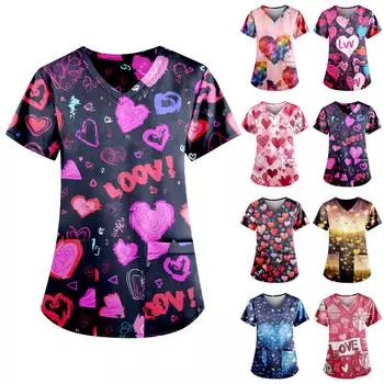 Женская мода, рабочая одежда с v-образным вырезом, короткими рукавами и карманами, топы с принтом ко Дню святого Валентина L чёрный