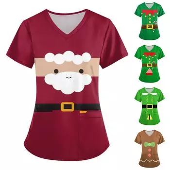 Женская мода, рабочая одежда с v-образным вырезом, короткими рукавами и карманами, топы с принтом, летние топы для женщин XXXXXL зелёный