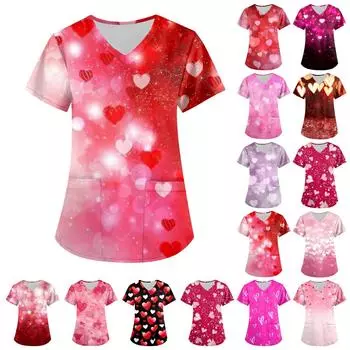 Женская мода, рабочая одежда с v-образным вырезом, короткими рукавами и карманами, топы с принтом ко Дню святого Валентина XXL синий