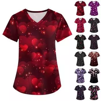 Женская мода, рабочая одежда с v-образным вырезом, короткими рукавами и карманами, топы с принтом ко Дню святого Валентина XXL фиолетовый