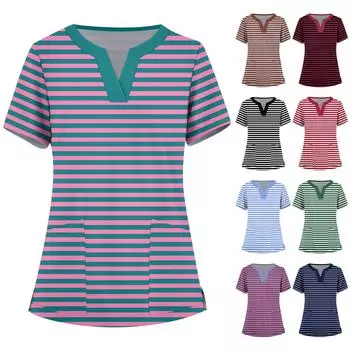 Женская мода, рабочая одежда с v-образным вырезом, короткими рукавами и карманами, топы с принтом, летние топы для женщин L чёрный