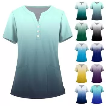 Женская мода, рабочая одежда с v-образным вырезом, короткими рукавами и карманами, топы с принтом, летние топы для женщин L синий