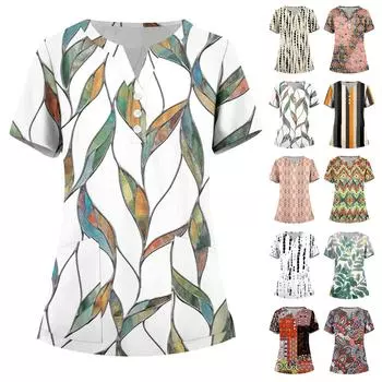 Женская мода, рабочая одежда с v-образным вырезом, короткими рукавами и карманами, топы с принтом, летние топы для женщин L зелёный