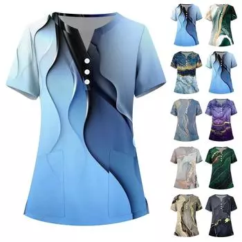 Женская мода, рабочая одежда с v-образным вырезом, короткими рукавами и карманами, топы с принтом, летние топы для женщин L синий