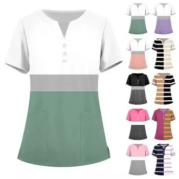 Женская мода, рабочая одежда с v-образным вырезом, короткими рукавами и карманами, топы с принтом, летние топы для женщин L чёрный