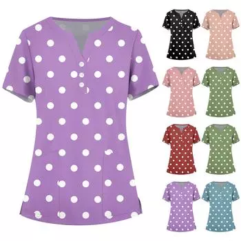 Женская мода, рабочая одежда с v-образным вырезом, короткими рукавами и карманами, топы с принтом, летние топы для женщин L чёрный