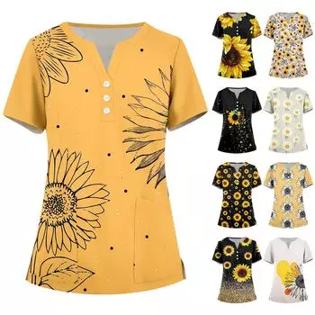 Женская мода, рабочая одежда с v-образным вырезом, короткими рукавами и карманами, топы с принтом, летние топы для женщин L бежевый
