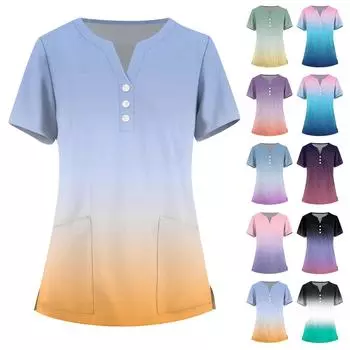 Женская мода, рабочая одежда с v-образным вырезом, короткими рукавами и карманами, топы с принтом, летние топы для женщин L чёрный