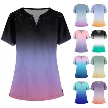 Женская мода, рабочая одежда с v-образным вырезом, короткими рукавами и карманами, топы с принтом, летние топы для женщин L чёрный