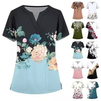 Женская мода, рабочая одежда с v-образным вырезом, короткими рукавами и карманами, топы с принтом, летние топы для женщин L армия зеленый