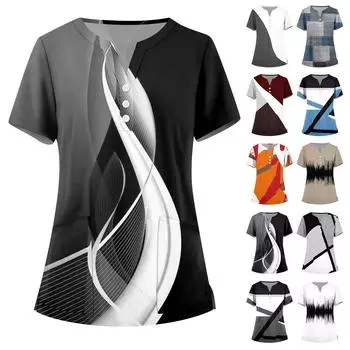 Женская мода, рабочая одежда с v-образным вырезом, короткими рукавами и карманами, топы с принтом, летние топы для женщин L чёрный