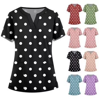 Женская мода, рабочая одежда с v-образным вырезом, короткими рукавами и карманами, топы с принтом, летние топы для женщин L чёрный
