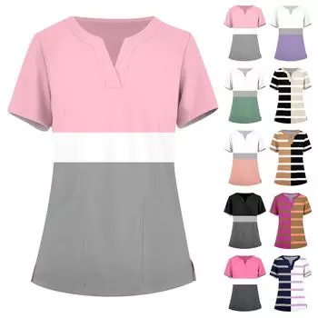 Женская мода, рабочая одежда с v-образным вырезом, короткими рукавами и карманами, топы с принтом, летние топы для женщин L чёрный