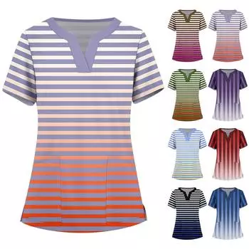 Женская мода, рабочая одежда с v-образным вырезом, короткими рукавами и карманами, топы с принтом, летние топы для женщин L синий