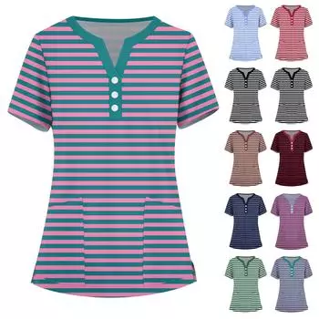 Женская мода, рабочая одежда с v-образным вырезом, короткими рукавами и карманами, топы с принтом, летние топы для женщин L чёрный