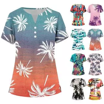Женская мода, рабочая одежда с v-образным вырезом, короткими рукавами и карманами, топы с принтом, летние топы для женщин S