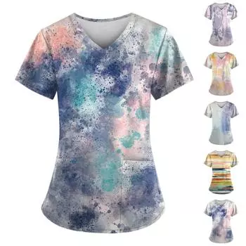 Женская мода, рабочая одежда с v-образным вырезом, короткими рукавами и карманами, топы с принтом, летние топы для женщин L