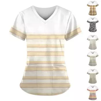Женская мода, рабочая одежда с v-образным вырезом, короткими рукавами и карманами, топы с принтом, летние топы для женщин S хаки