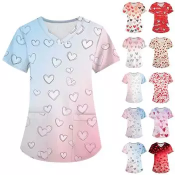 Женская мода, рабочая одежда с v-образным вырезом, короткими рукавами и карманами, топы с принтом ко Дню святого Валентина L бежевый