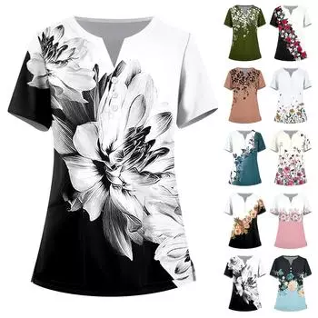 Женская мода, рабочая одежда с v-образным вырезом, короткими рукавами и карманами, топы с принтом, летние топы для женщин L армия зеленый