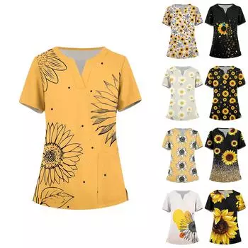 Женская мода, рабочая одежда с v-образным вырезом, короткими рукавами и карманами, топы с принтом, летние топы для женщин L бежевый