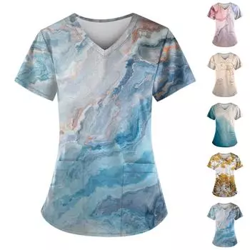 Женская мода, рабочая одежда с v-образным вырезом, короткими рукавами и карманами, топы с принтом, летние топы для женщин XXXXL оранжевый