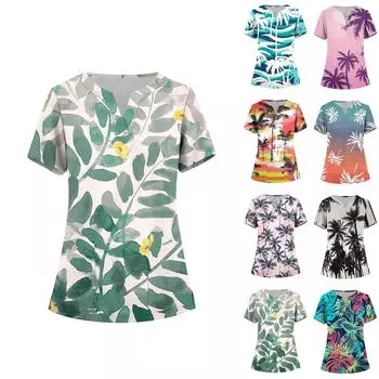 Женская мода, рабочая одежда с v-образным вырезом, короткими рукавами и карманами, топы с принтом, летние топы для женщин L чёрный