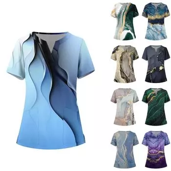 Женская мода, рабочая одежда с v-образным вырезом, короткими рукавами и карманами, топы с принтом, летние топы для женщин L синий
