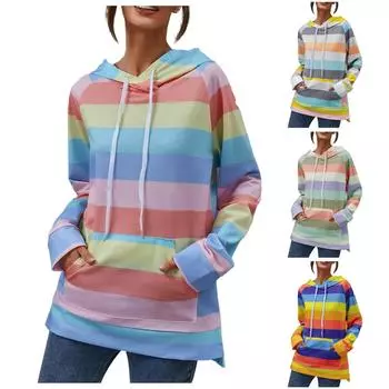 Женская мода Радужный принт в полоску с капюшоном и завязками Повседневный свитшот Топ L синий
