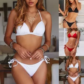 Женская мода, раздельное сексуальное бикини с подушечками для бюстгальтера, без стального бюстгальтера, купальник L чёрный