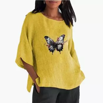 Женская мода размера плюс 3/4, хлопковый льняной топ с длинными рукавами, женская повседневная длинная рубашка с круглым воротником, весна-лето, тонкая длинная рубашка с принтом S розовый