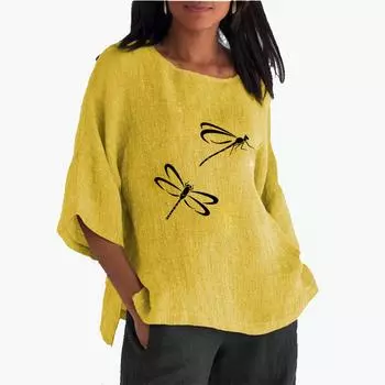 Женская мода размера плюс 3/4, хлопковый льняной топ с длинными рукавами, женская повседневная длинная рубашка с круглым воротником, весна-лето, тонкая длинная рубашка с принтом S розовый