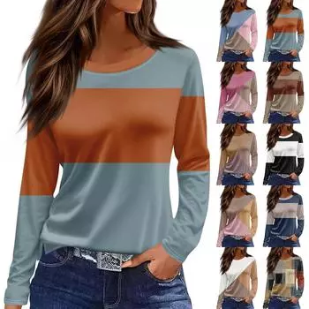 Женская мода разрез полосатый принт круглый вырез длинный рукав топ S