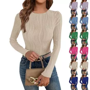 Женская мода ребристые однотонные футболки с V-образным вырезом и длинными рукавами XL синий