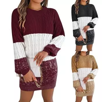 Женская мода ретро цветной блок круглый вырез длинный рукав свитер бедра платье короткая юбка L чёрный