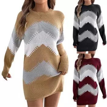 Женская мода ретро цветной блок круглый вырез длинный рукав свитер бедра платье короткая юбка L чёрный